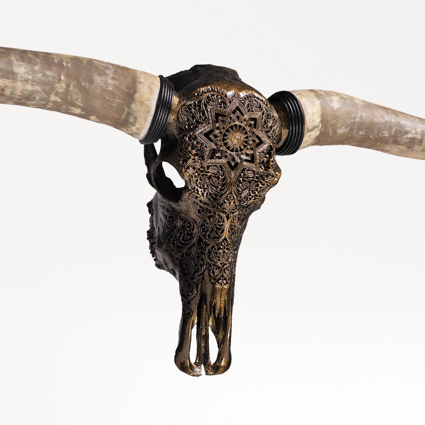 Hand Carved Longhorn Skull - Antique Bronze Mandala // Metallic Finish