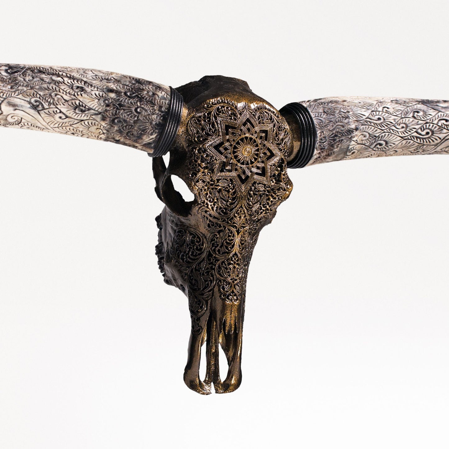 Hand Carved Longhorn Skull - Antique Bronze Mandala // Metallic Finish