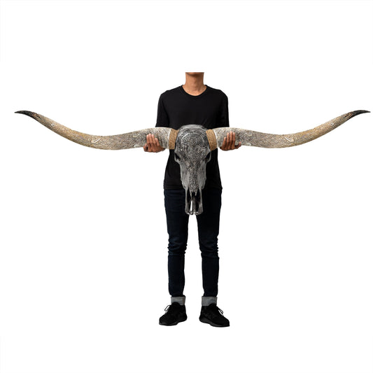 Hand Carved Longhorn Skull // XL Horns - Gray Yggdrasil