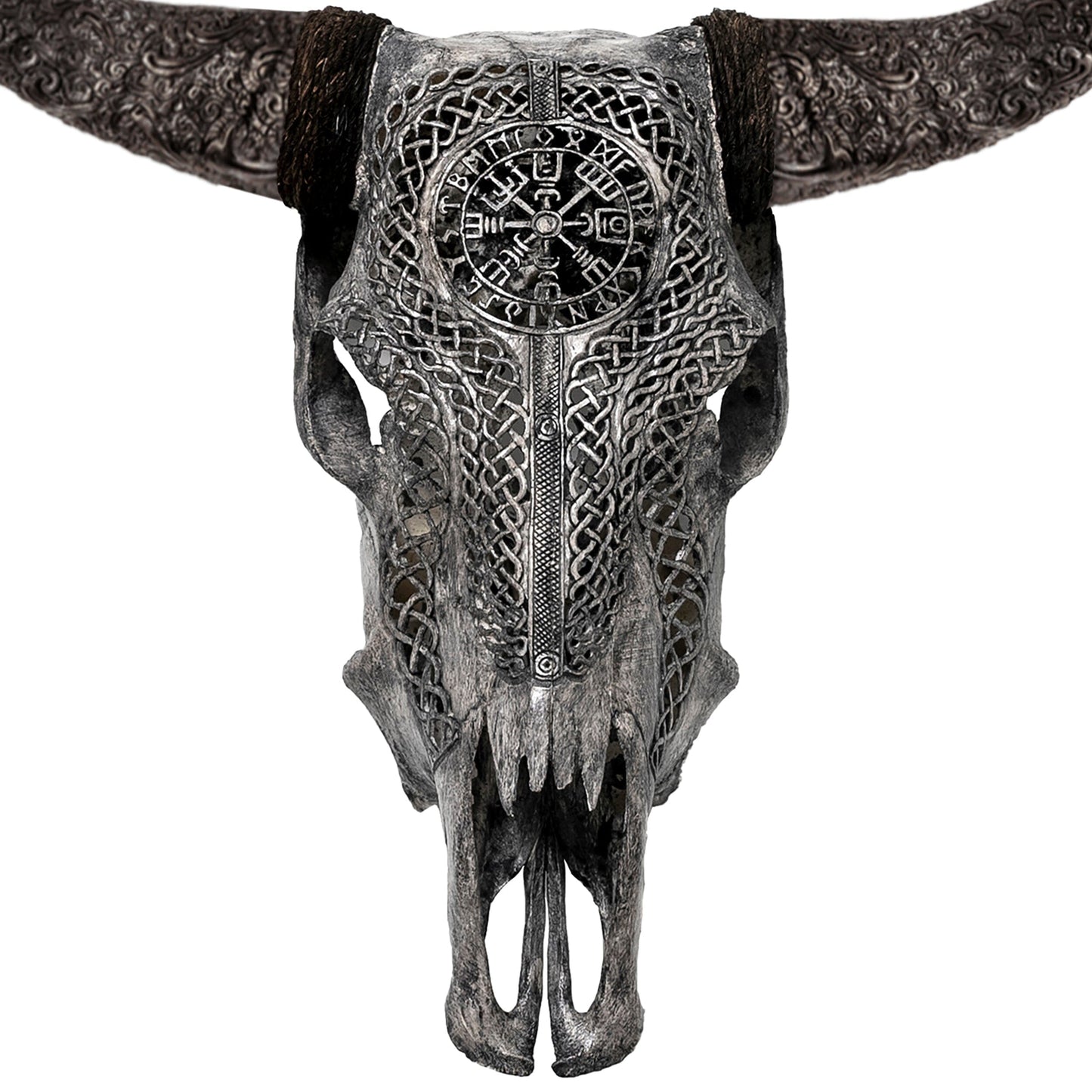 Hand Carved Cow Skull - Gray Vegvísir