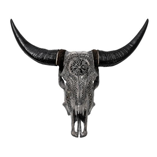 Hand Carved Cow Skull - Gray Vegvísir