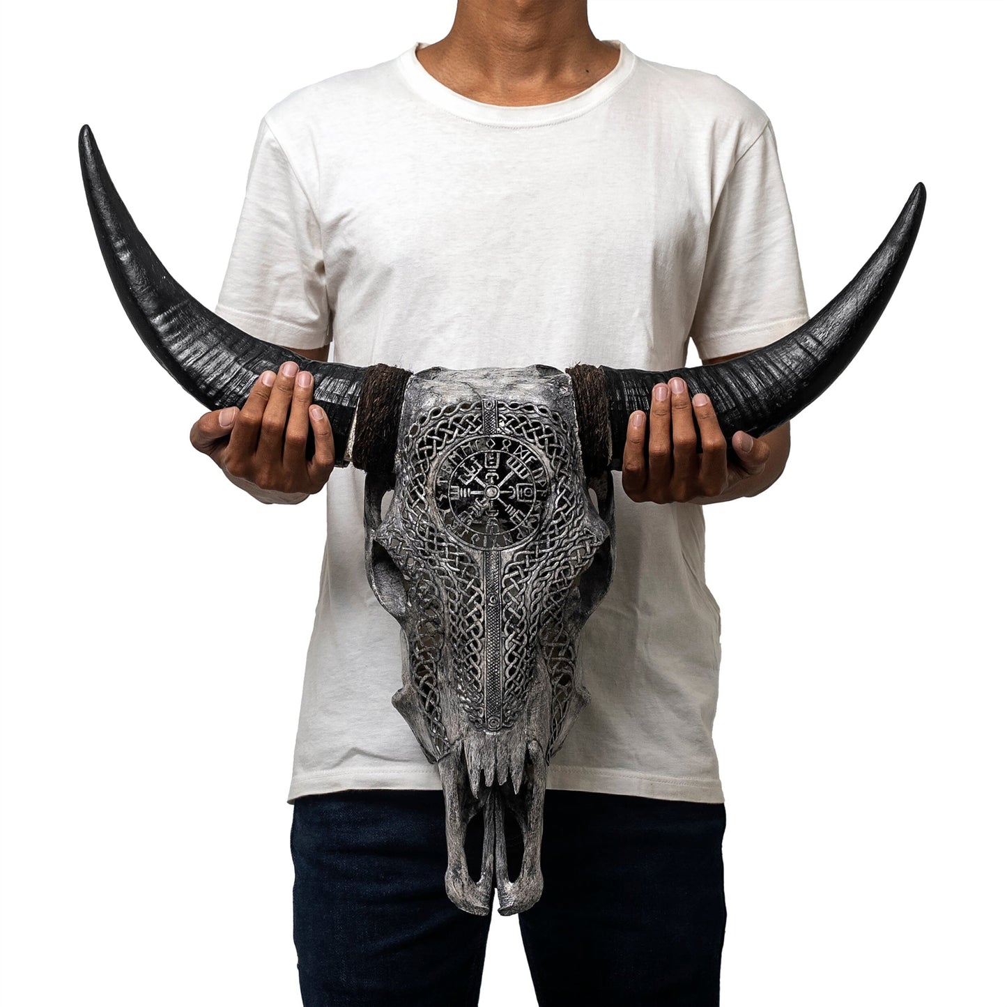 Hand Carved Cow Skull - Gray Vegvísir