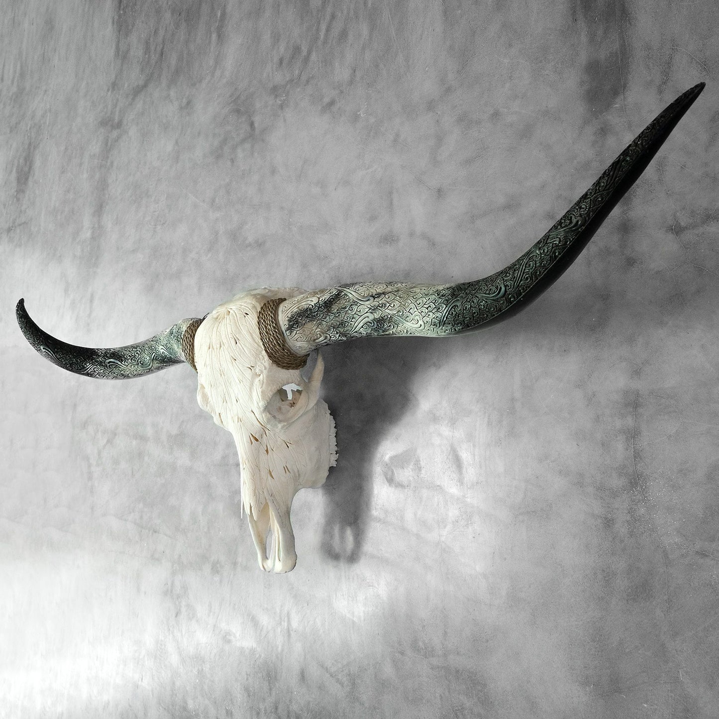 Hand Carved Longhorn Skull - White Feathers