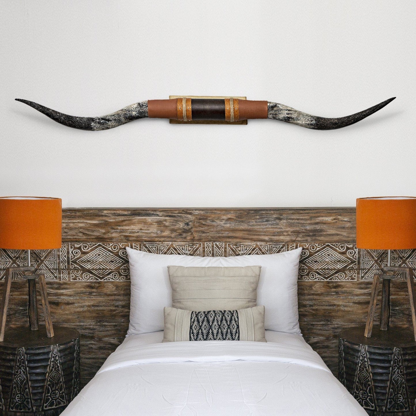 Brown Leather Mount // Carved Longhorns - Wild Hog