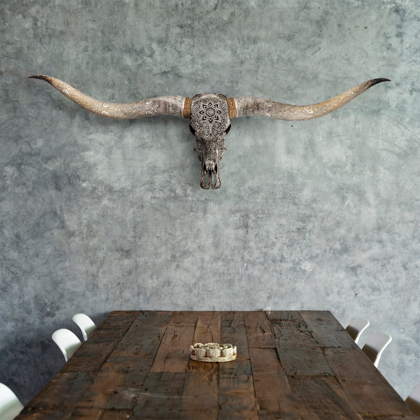 Hand Carved Longhorn Skull // XL Horns - Gray Mandala