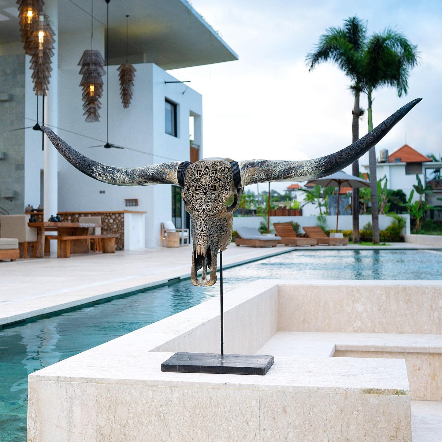 Hand Carved Longhorn Skull - Antique Bronze Mandala // Metallic Finish