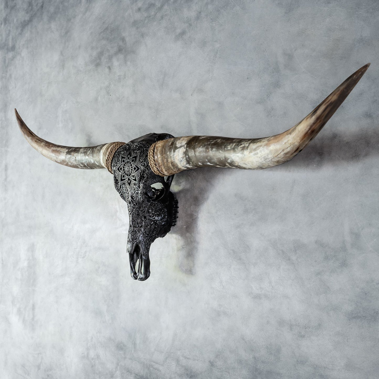 Hand Carved Longhorn Skull - Black Mandala