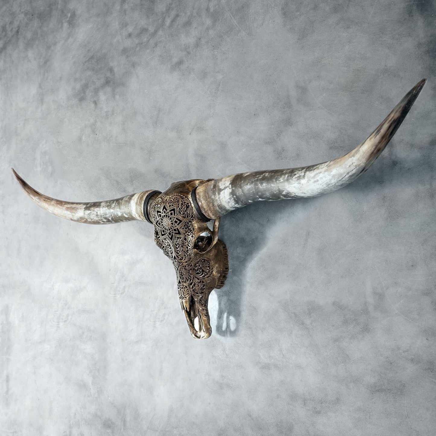 Hand Carved Longhorn Skull - Antique Bronze Mandala // Metallic Finish