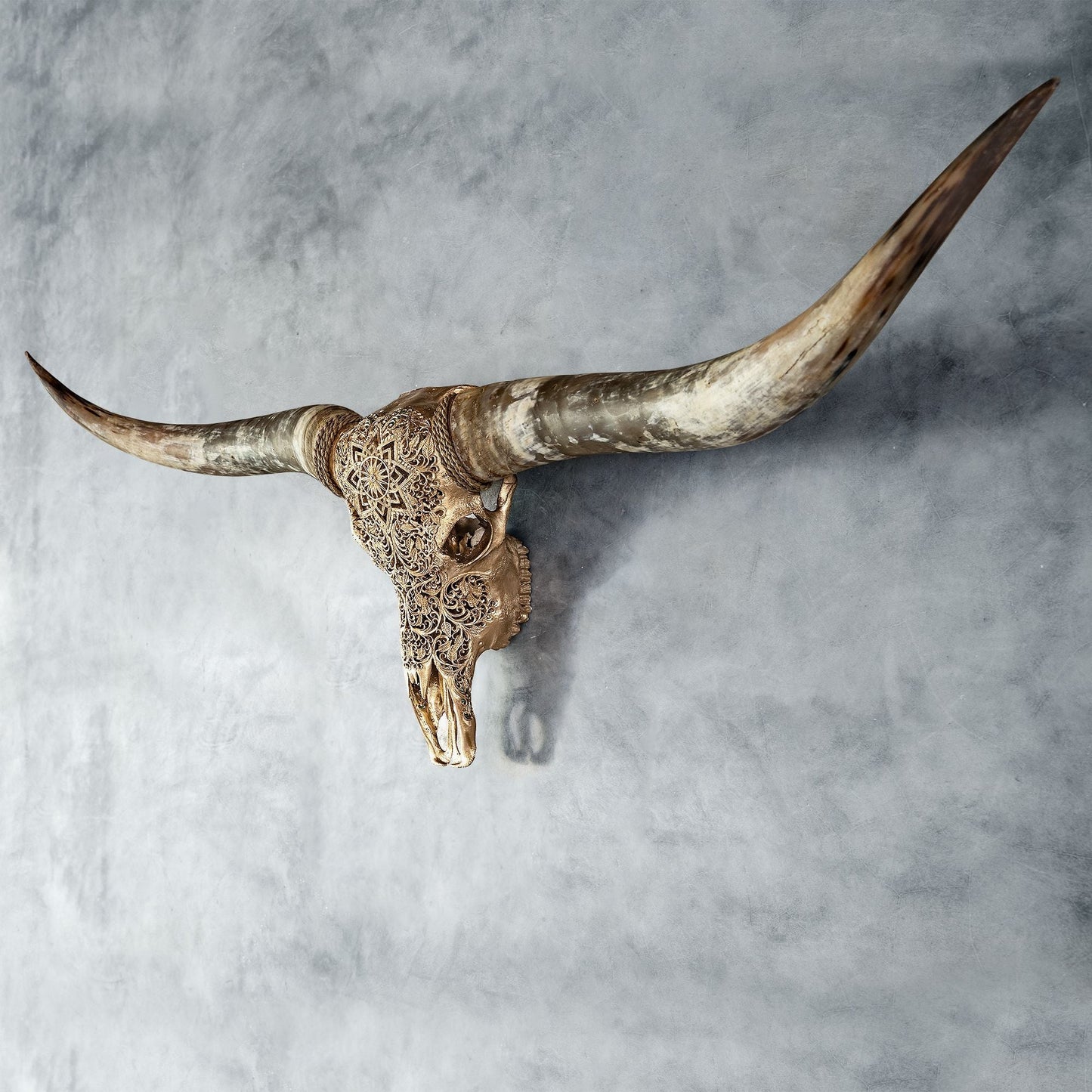 Hand Carved Longhorn Skull - Golden Mandala