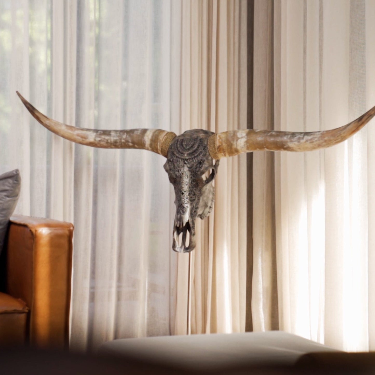 Hand Carved Longhorn Skull - Antique Bronze Mandala // Metallic Finish