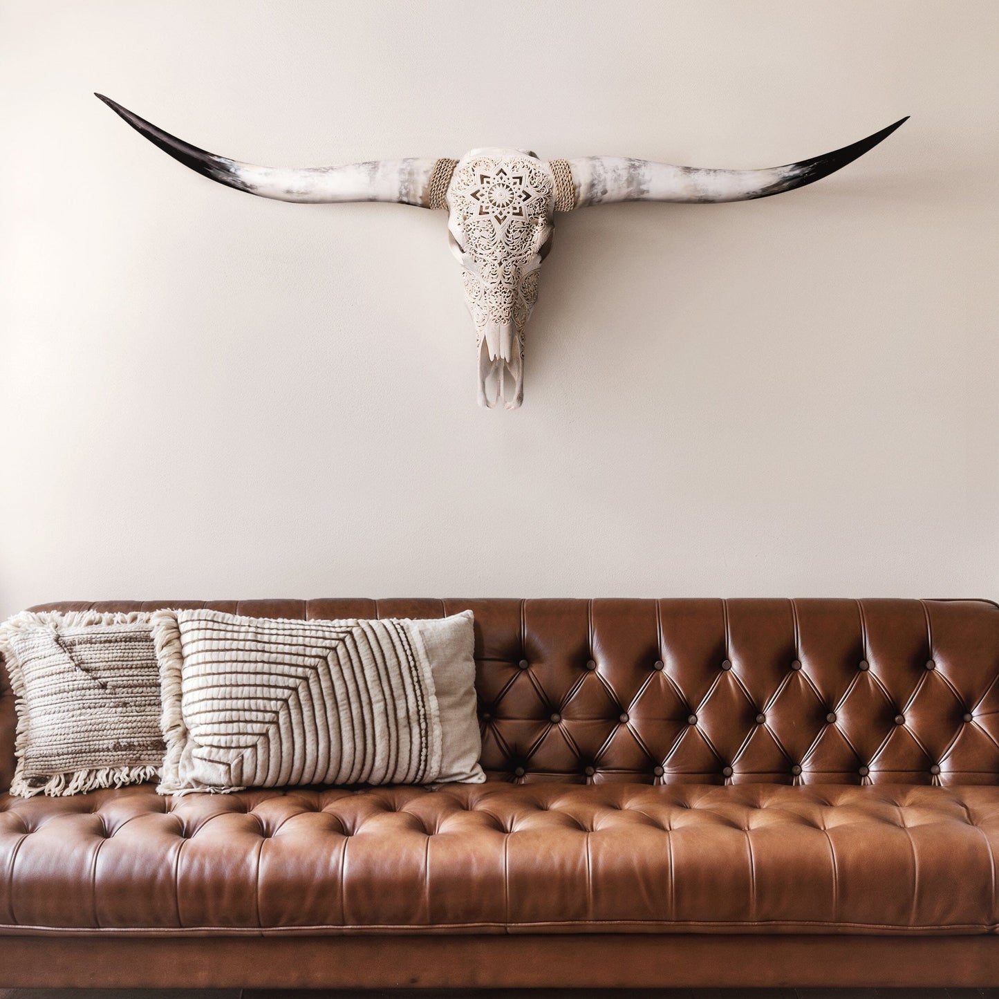 Hand Carved Longhorn Skull - White Mandala