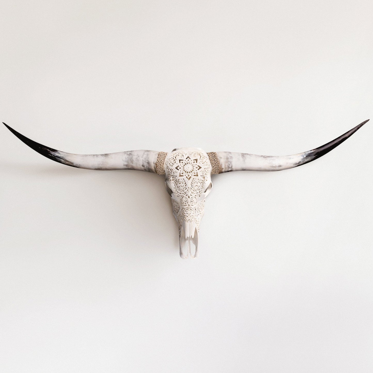 Hand Carved Longhorn Skull - White Mandala