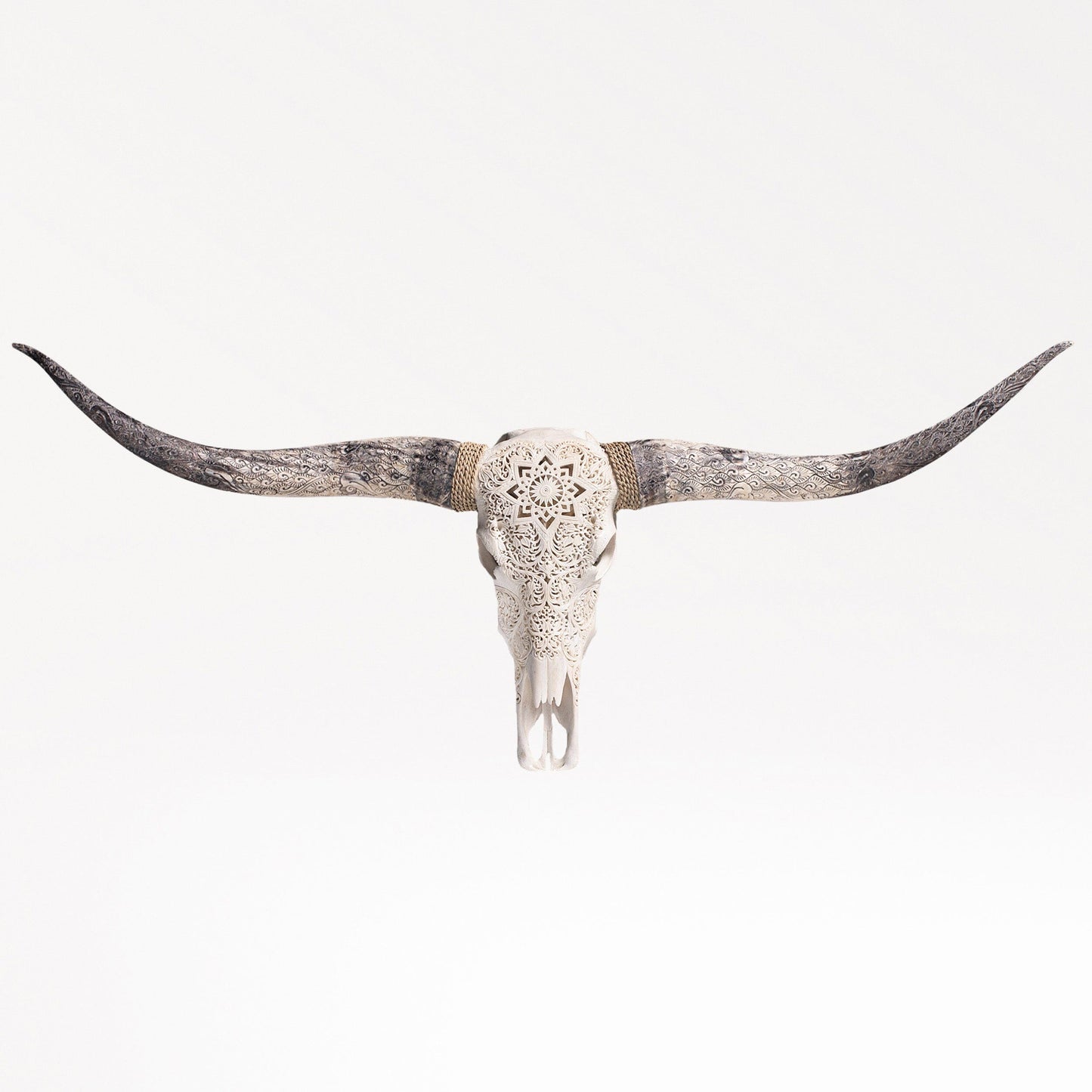 Hand Carved Longhorn Skull - White Mandala