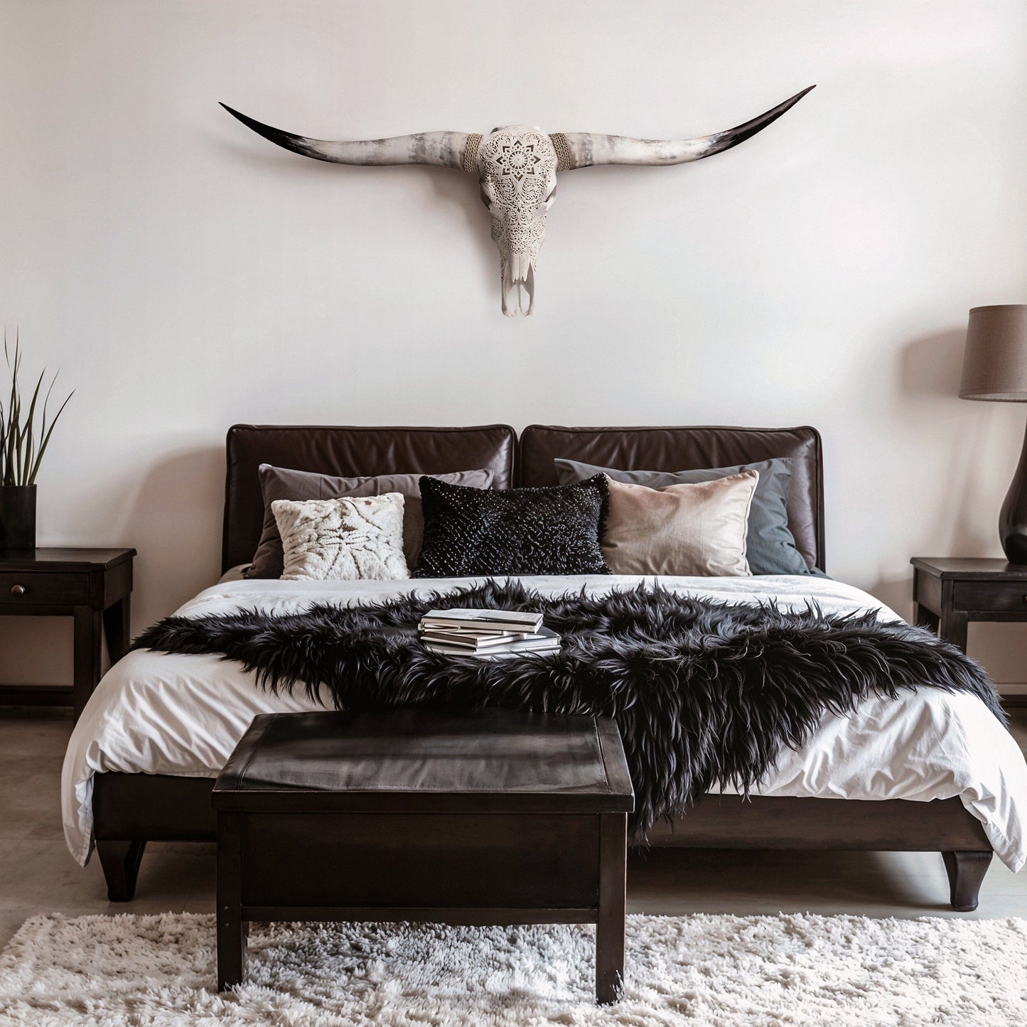 Hand Carved Longhorn Skull - White Mandala