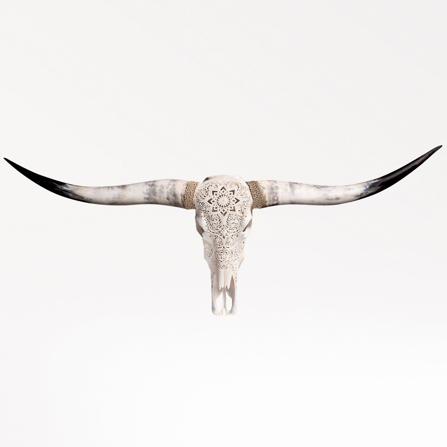 Hand Carved Longhorn Skull - White Mandala