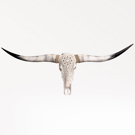 Hand Carved Longhorn Skull - White Mandala