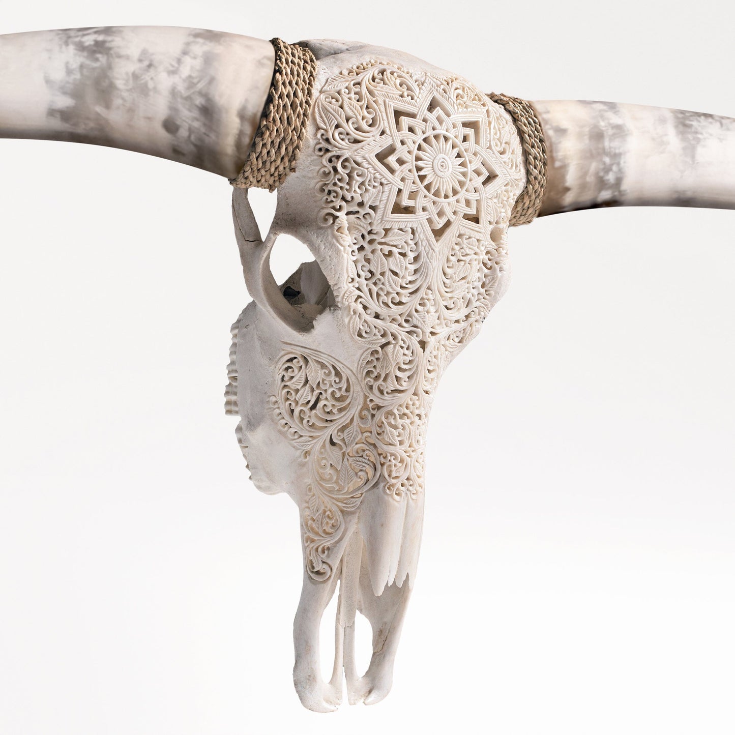 Hand Carved Longhorn Skull - White Mandala