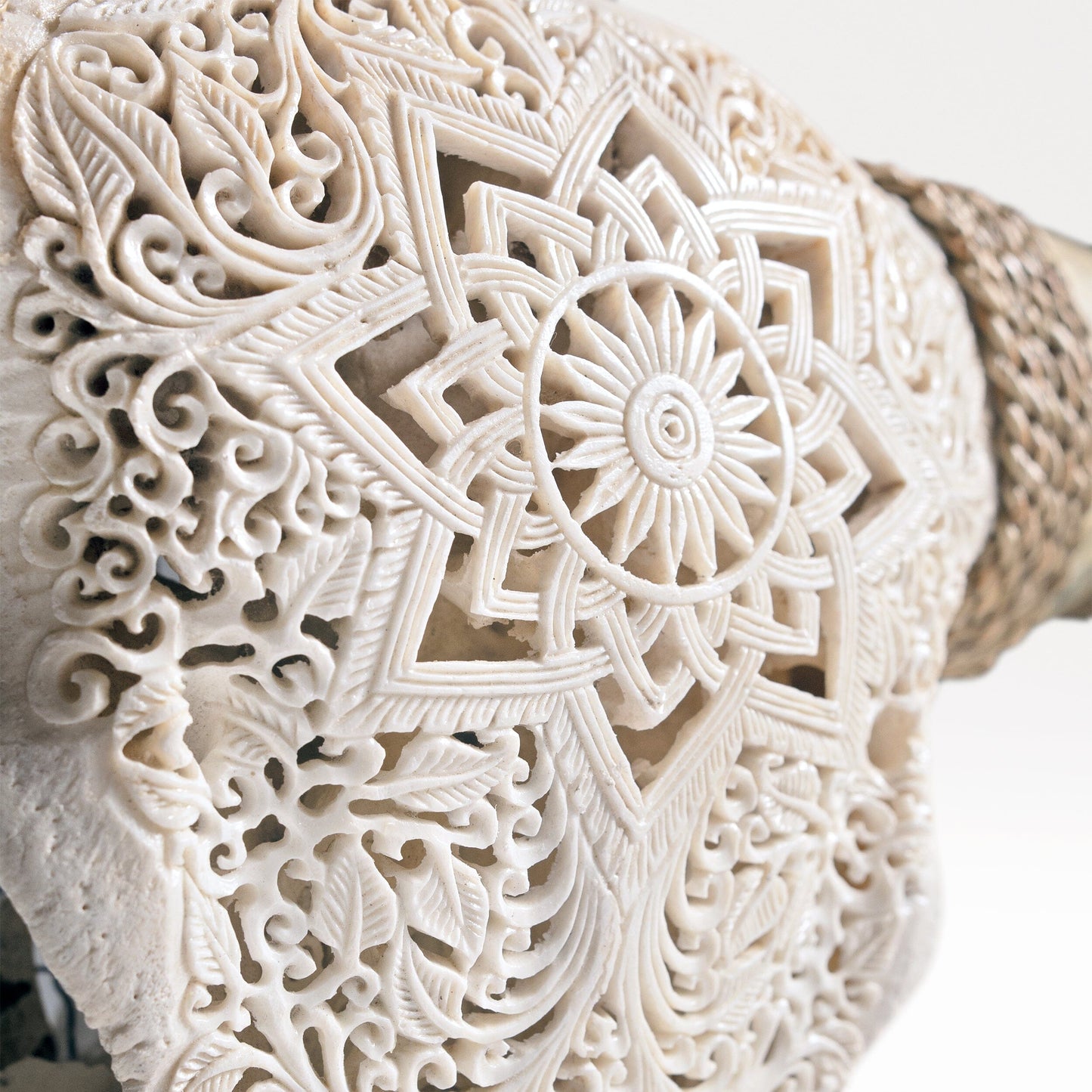 Hand Carved Longhorn Skull - White Mandala