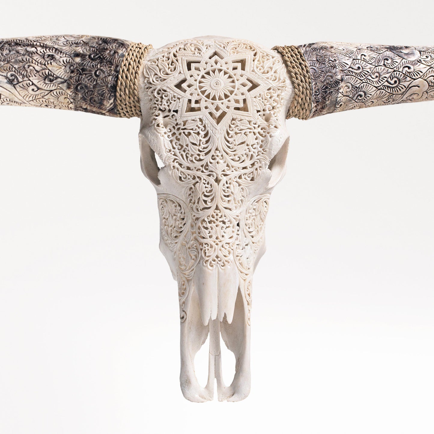 Hand Carved Longhorn Skull - White Mandala