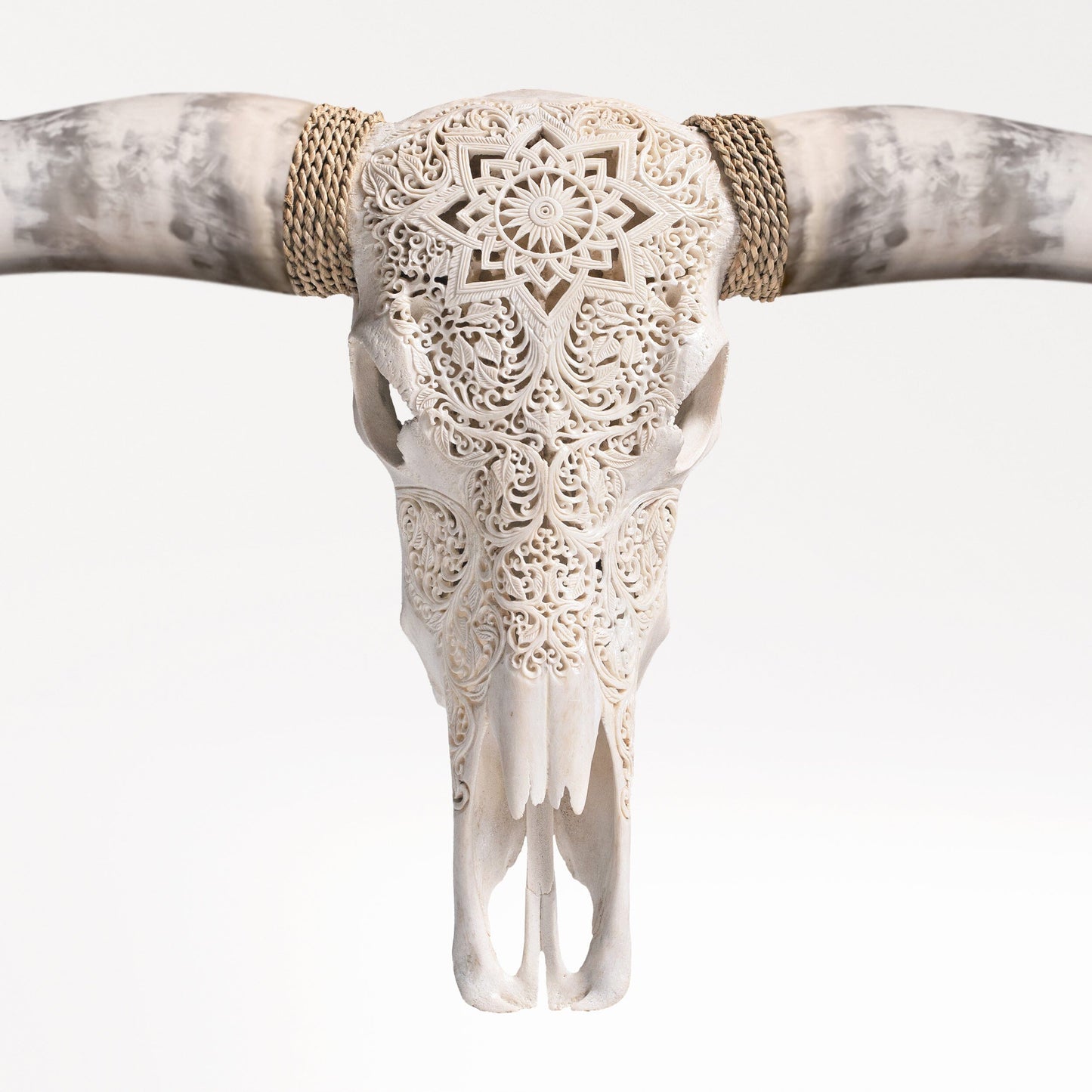 Hand Carved Longhorn Skull - White Mandala