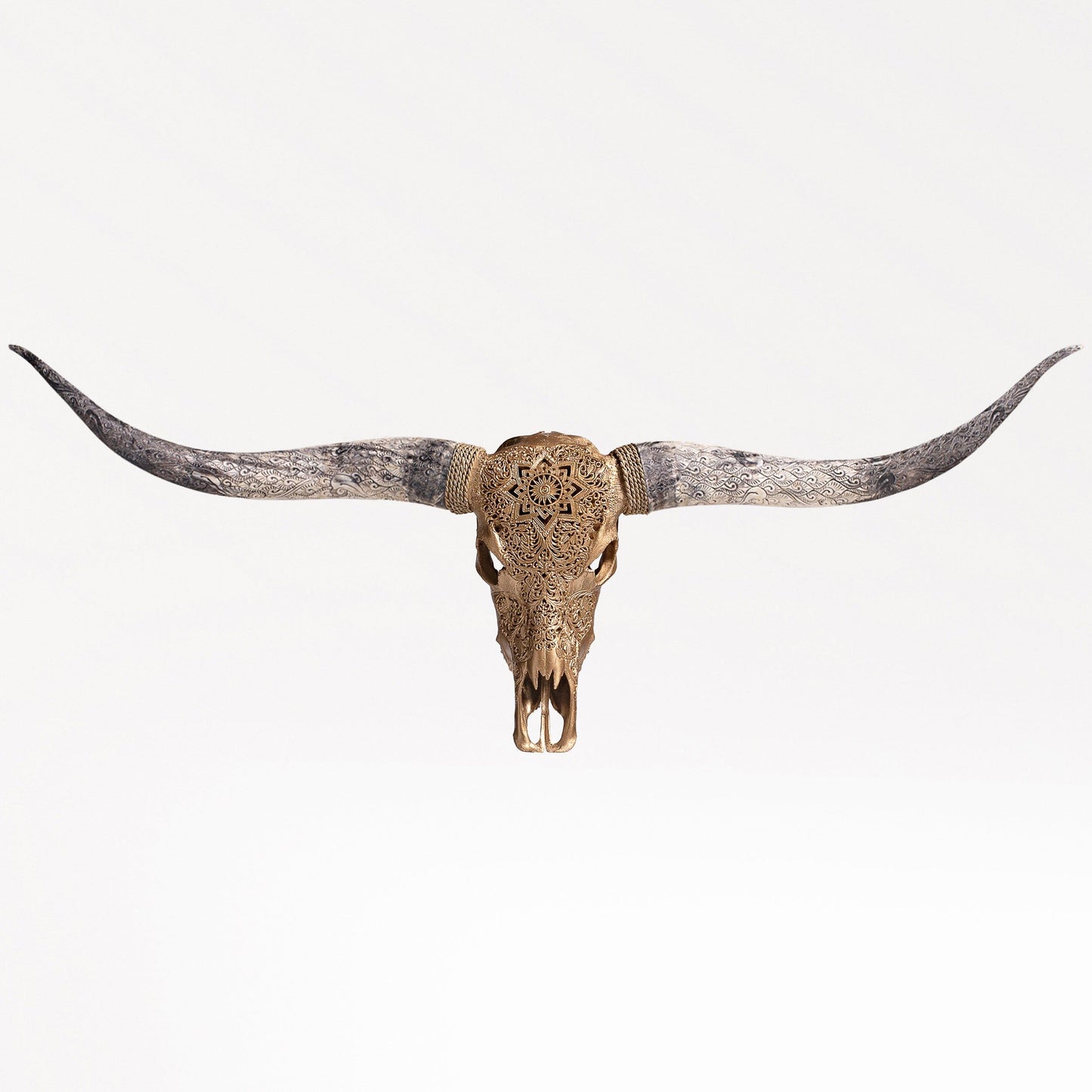 Hand Carved Longhorn Skull - Golden Mandala