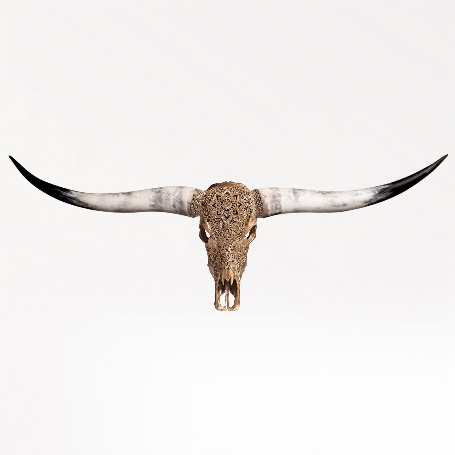 Hand Carved Longhorn Skull - Golden Mandala