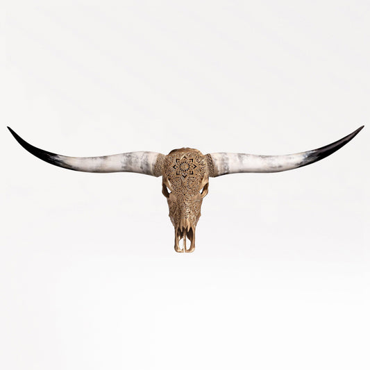 Hand Carved Longhorn Skull - Golden Mandala