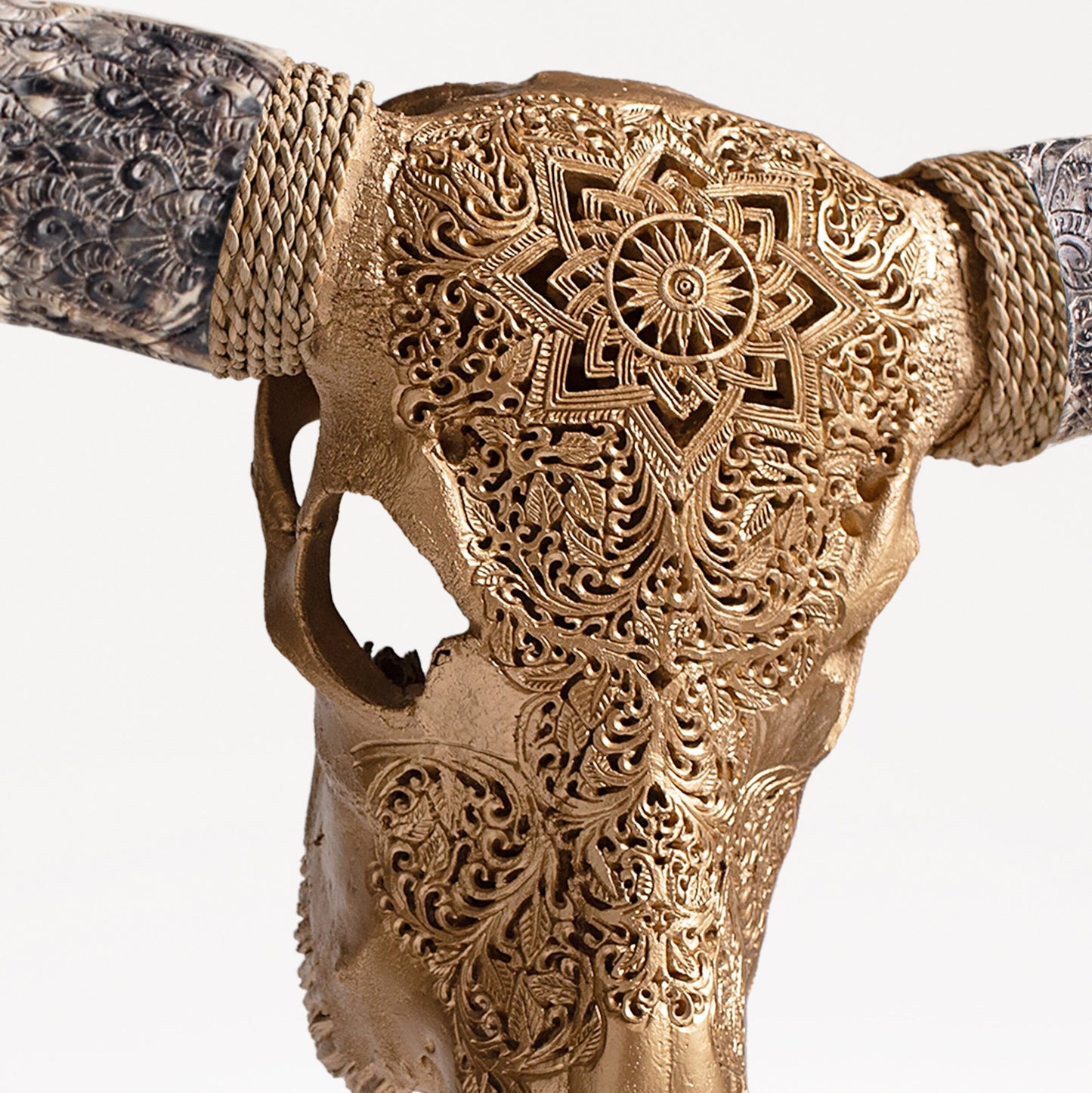 Hand Carved Longhorn Skull - Golden Mandala