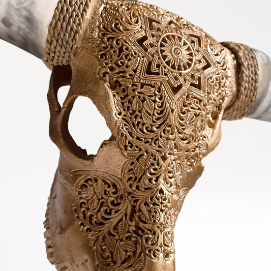 Hand Carved Longhorn Skull - Golden Mandala