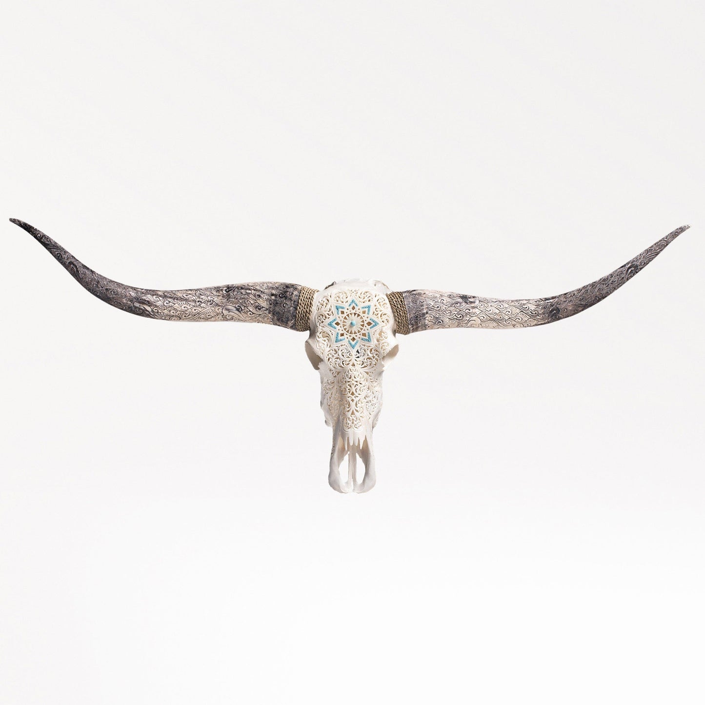 Hand Carved Longhorn Skull - White Glowing Mandala