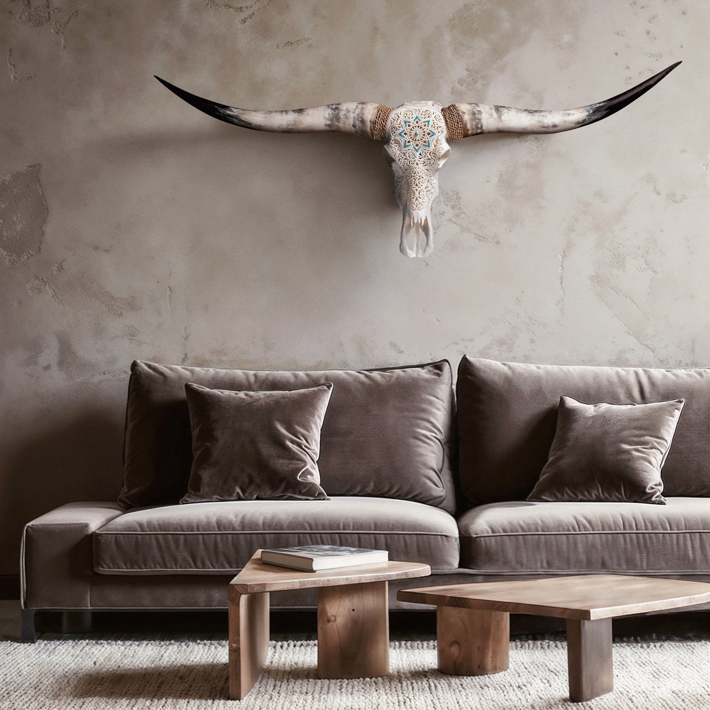 Hand Carved Longhorn Skull - White Glowing Mandala