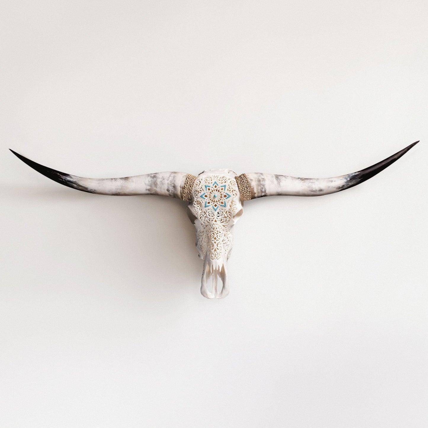 Hand Carved Longhorn Skull - White Glowing Mandala