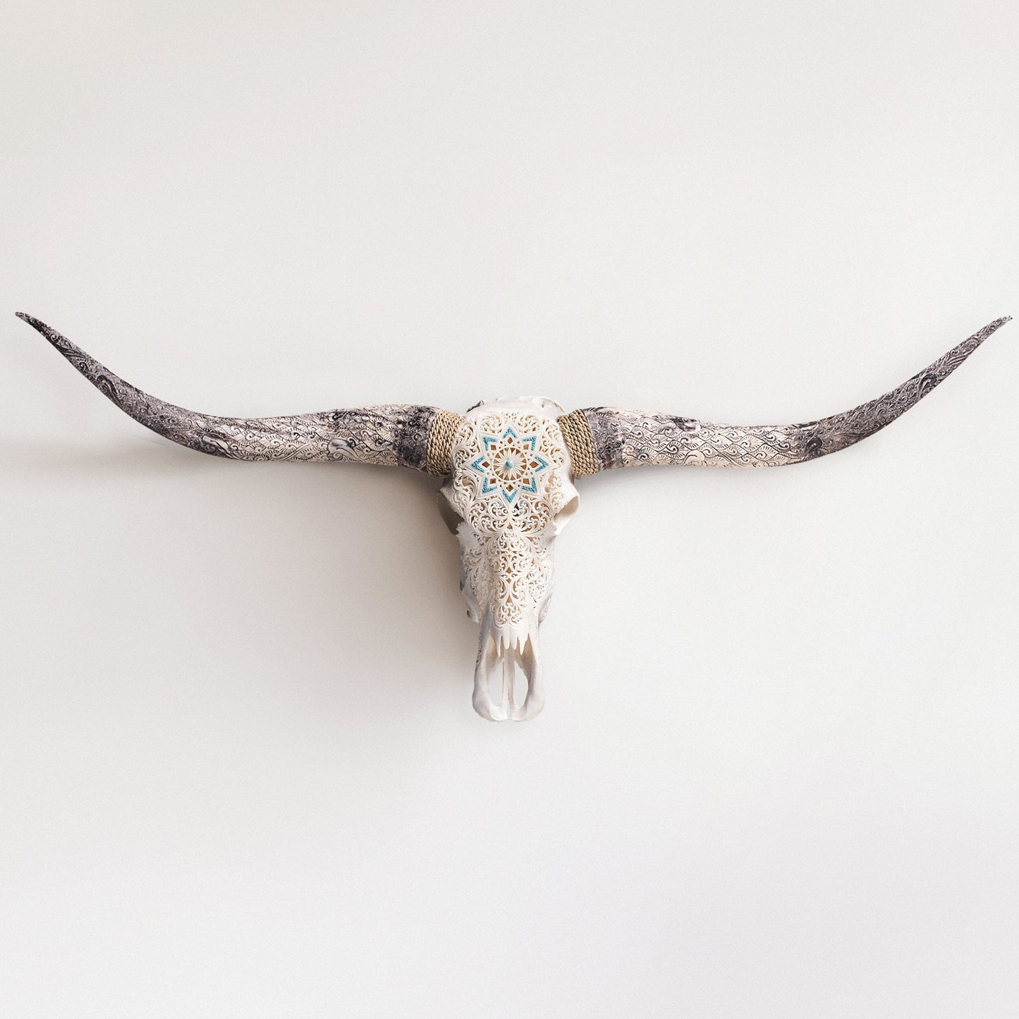 Hand Carved Longhorn Skull - White Glowing Mandala