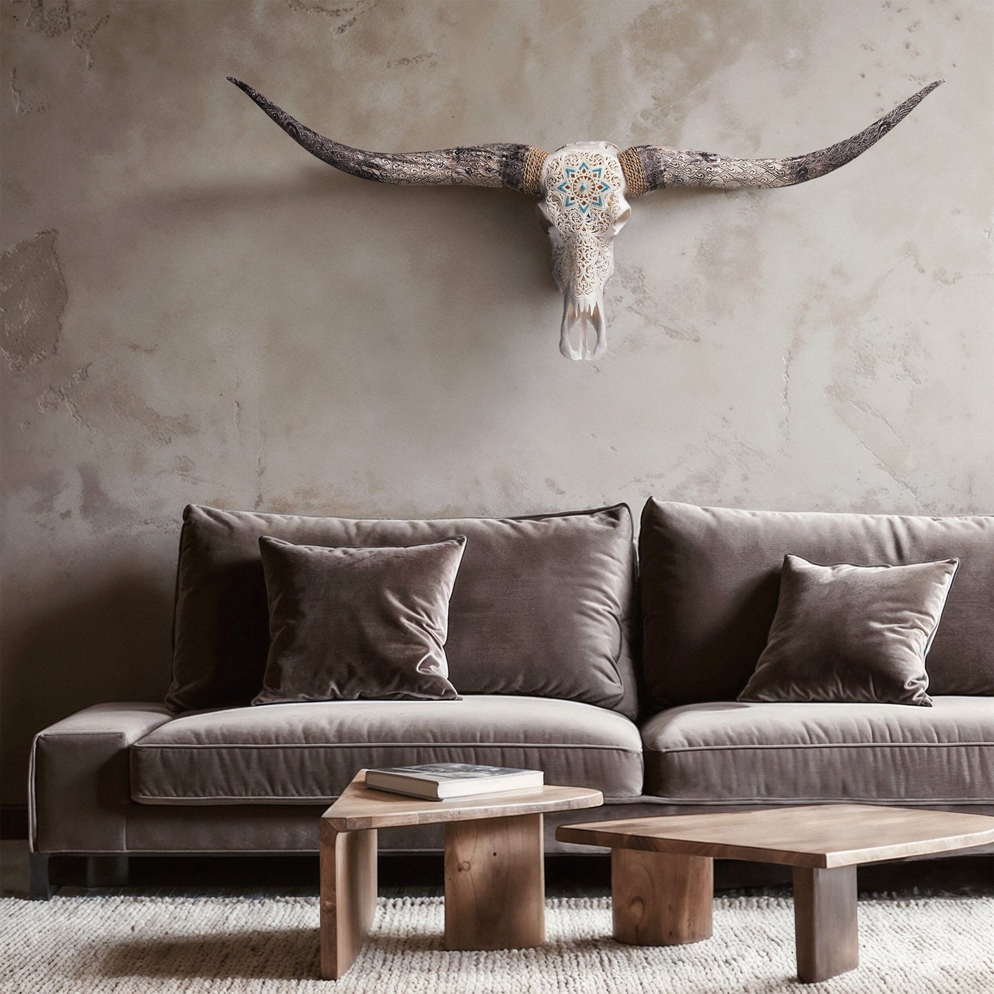 Hand Carved Longhorn Skull - White Glowing Mandala