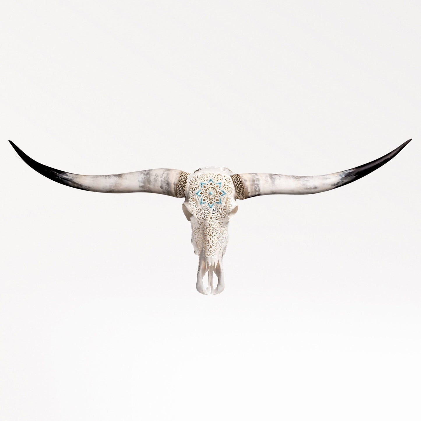 Hand Carved Longhorn Skull - White Glowing Mandala