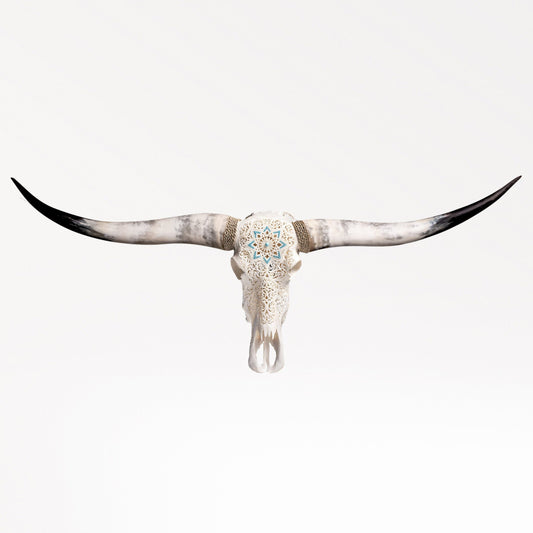 Hand Carved Longhorn Skull - White Glowing Mandala
