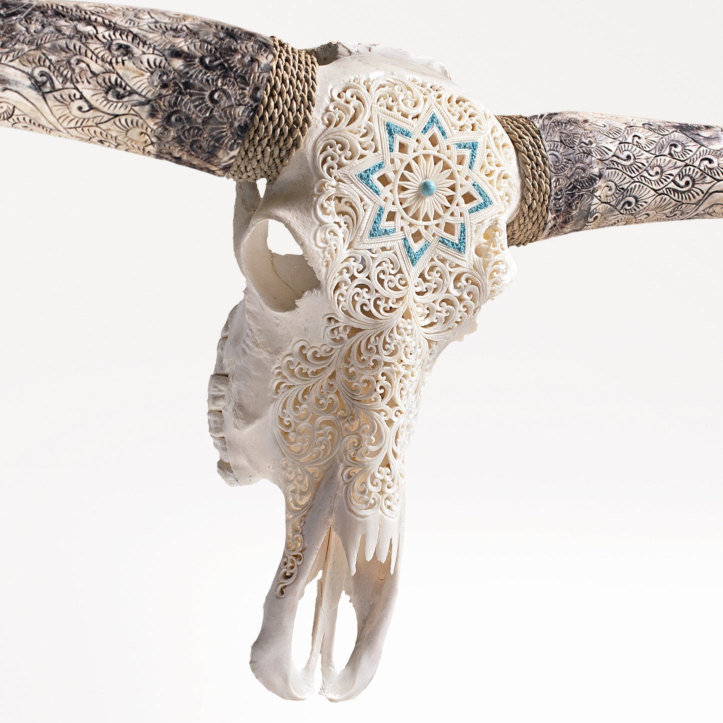 Hand Carved Longhorn Skull - White Glowing Mandala