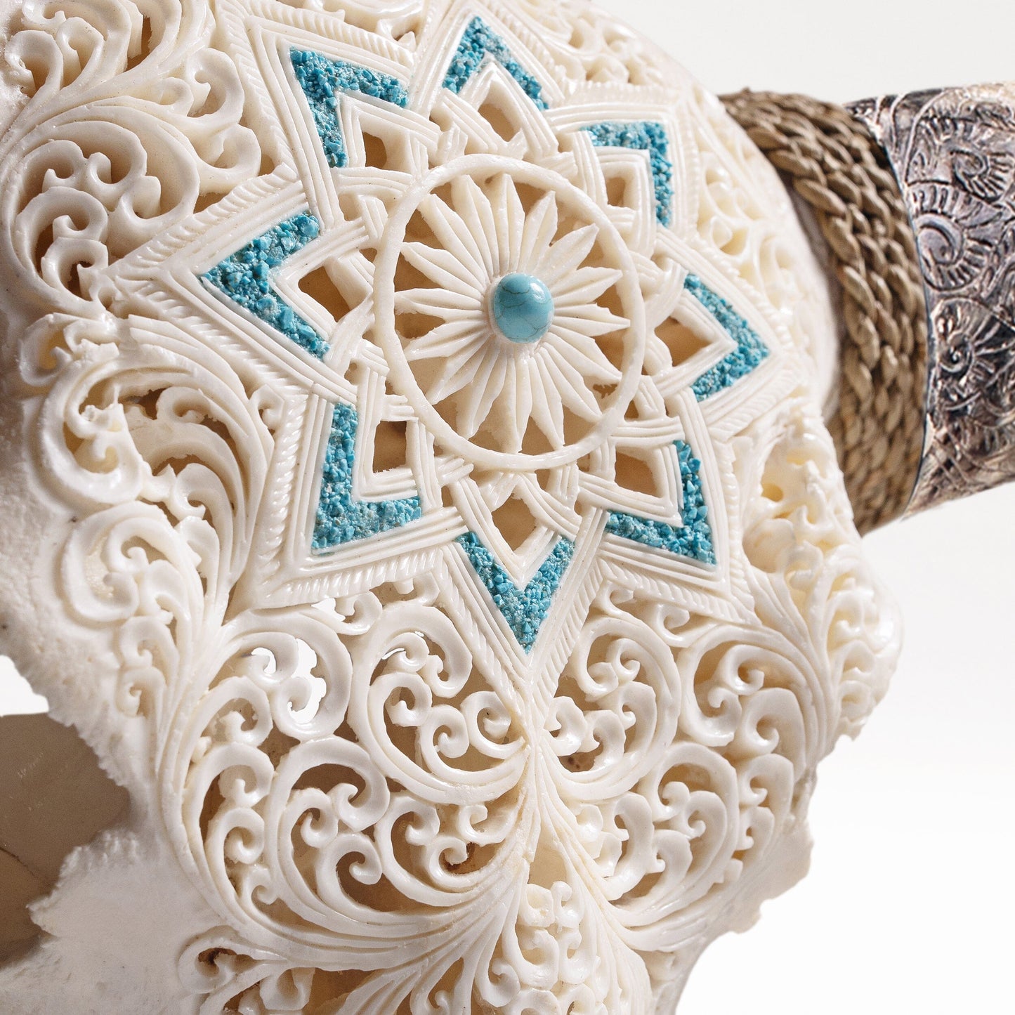 Hand Carved Longhorn Skull - White Glowing Mandala