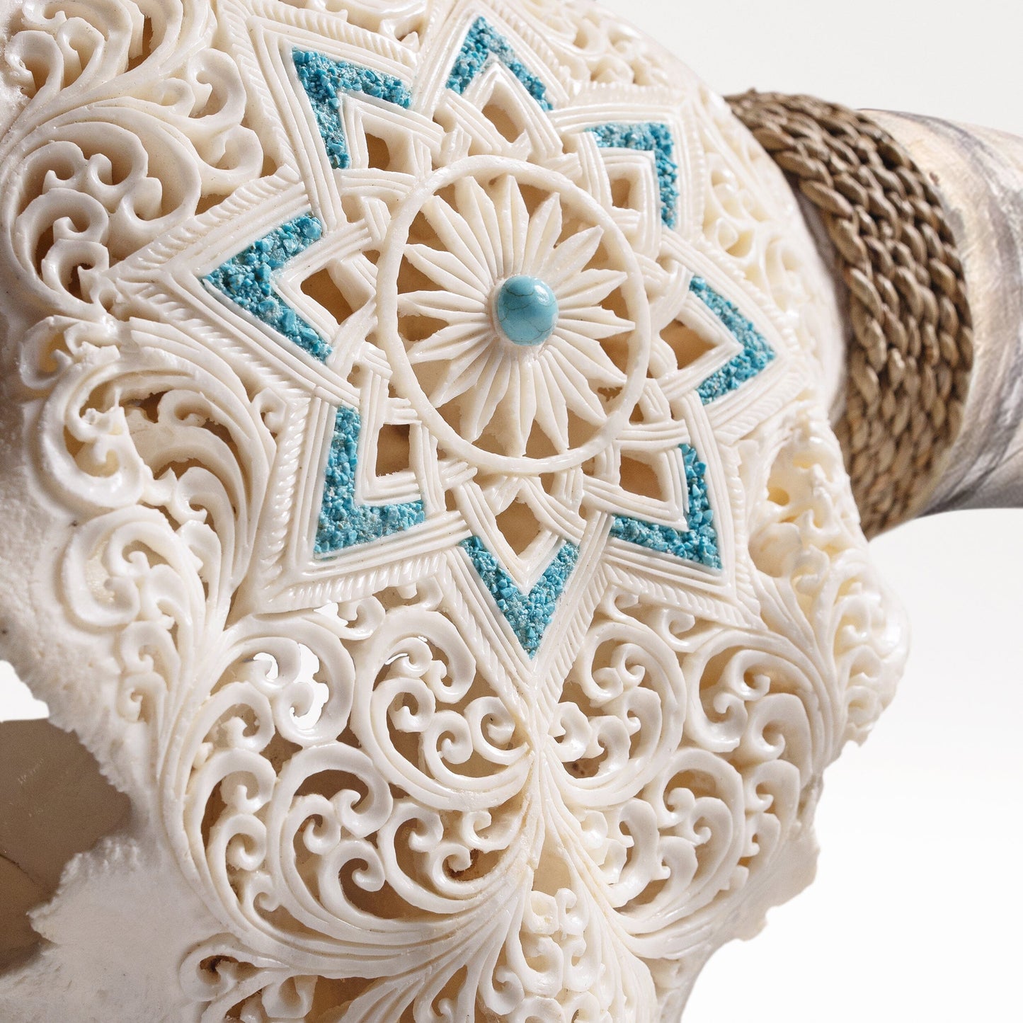 Hand Carved Longhorn Skull - White Glowing Mandala