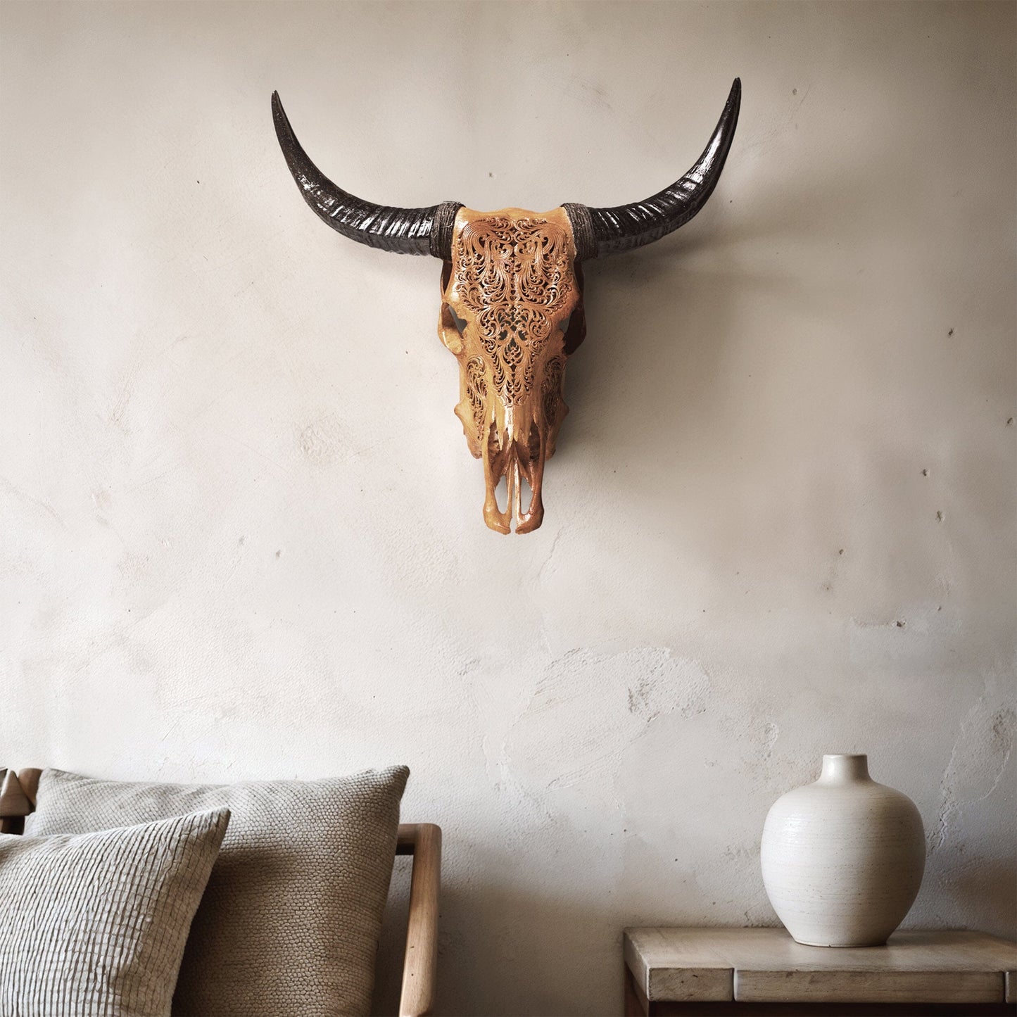 Hand Carved Cow Skull - Antique Titan