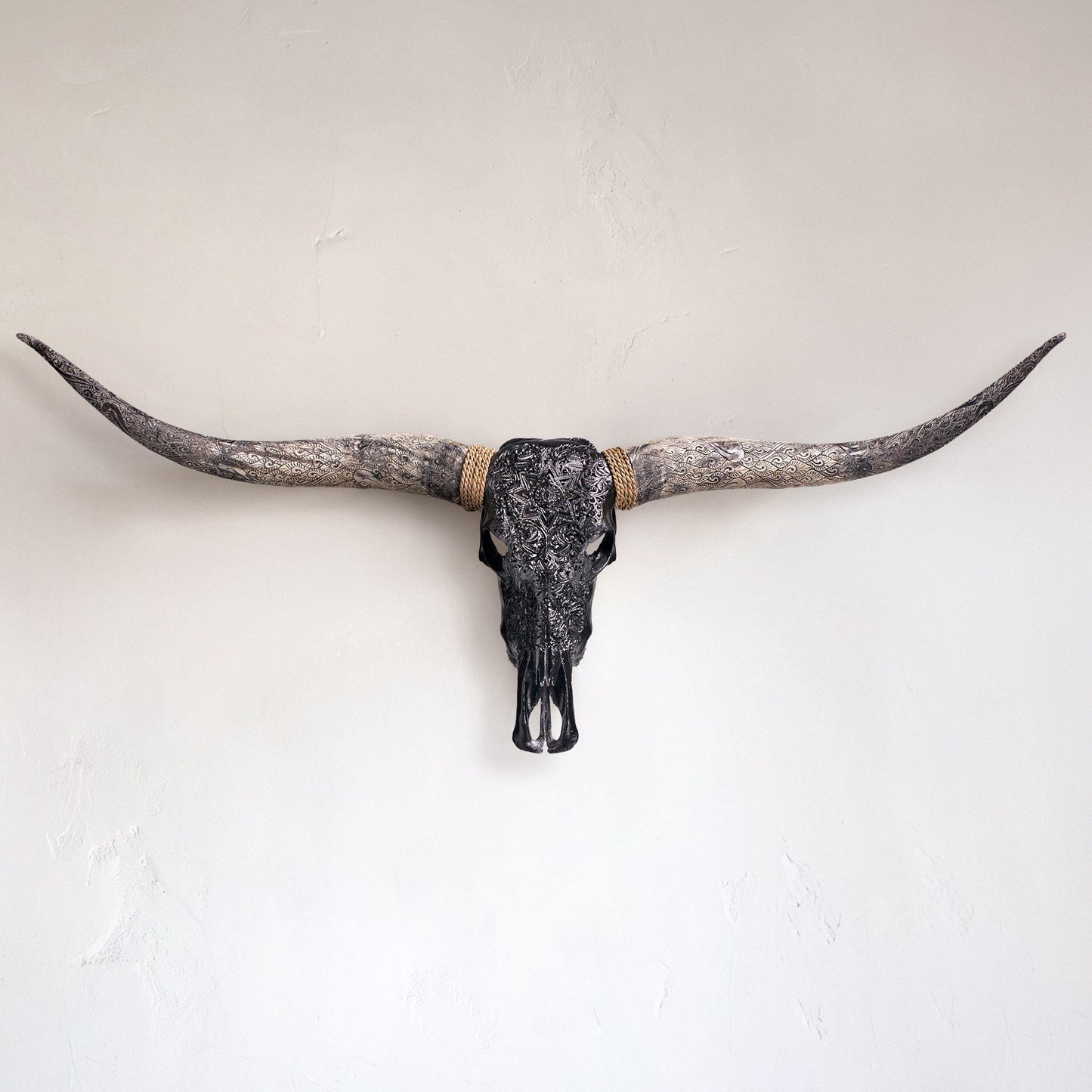 Hand Carved Longhorn Skull - Black Mandala