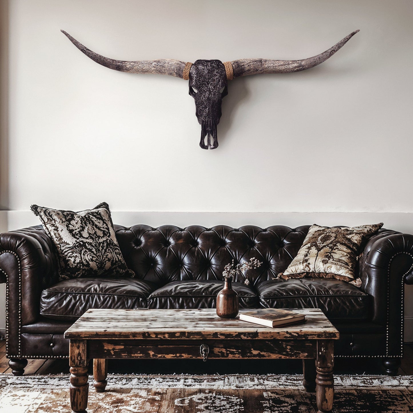 Hand Carved Longhorn Skull - Black Mandala