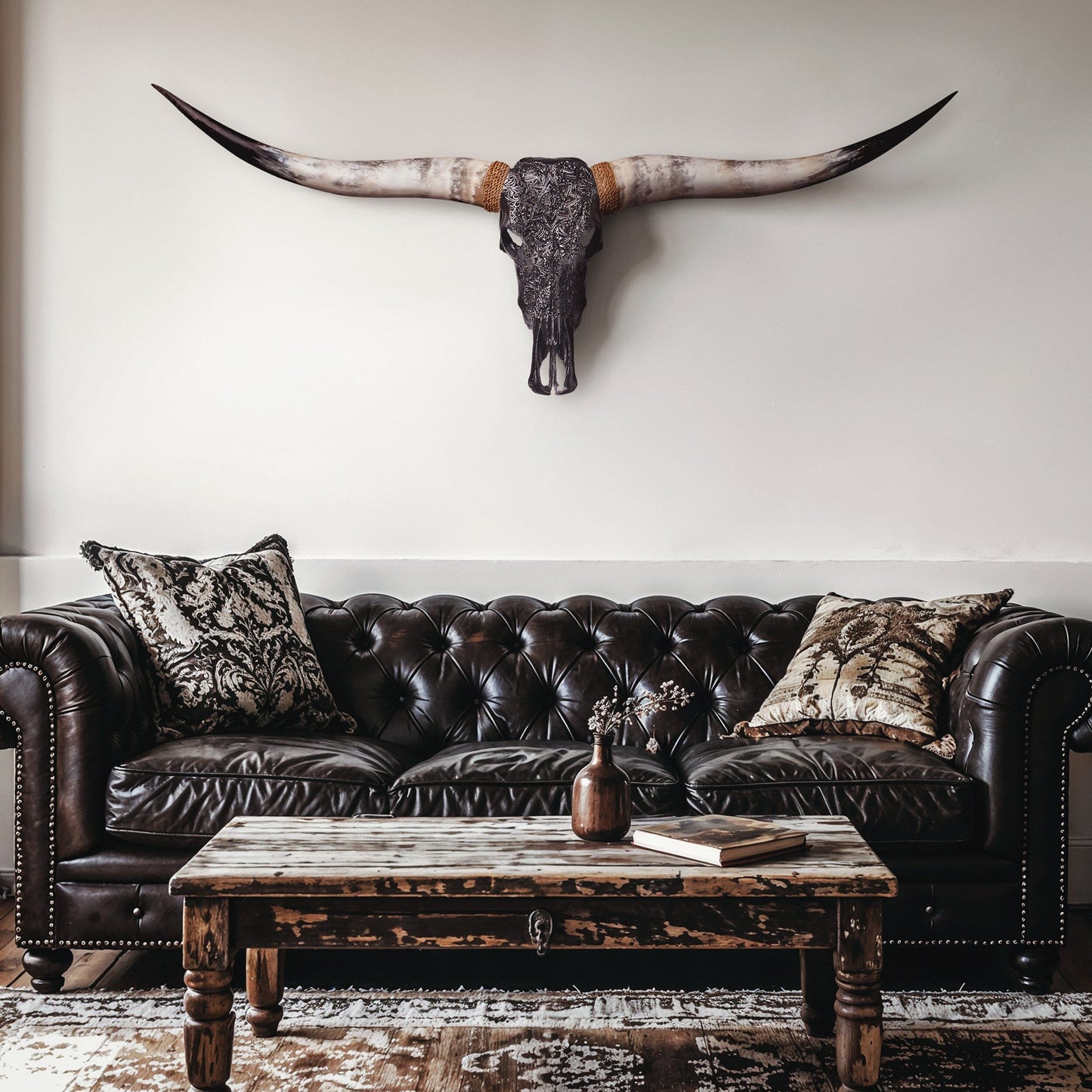 Hand Carved Longhorn Skull - Black Mandala