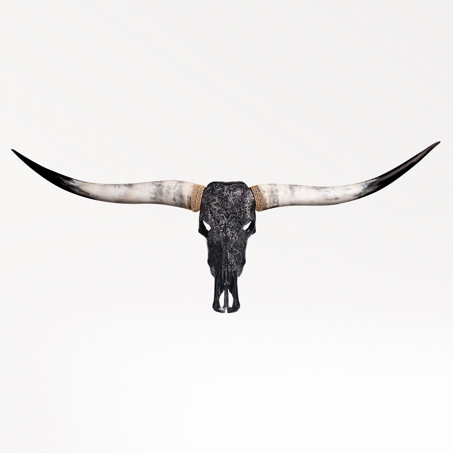 Hand Carved Longhorn Skull - Black Mandala