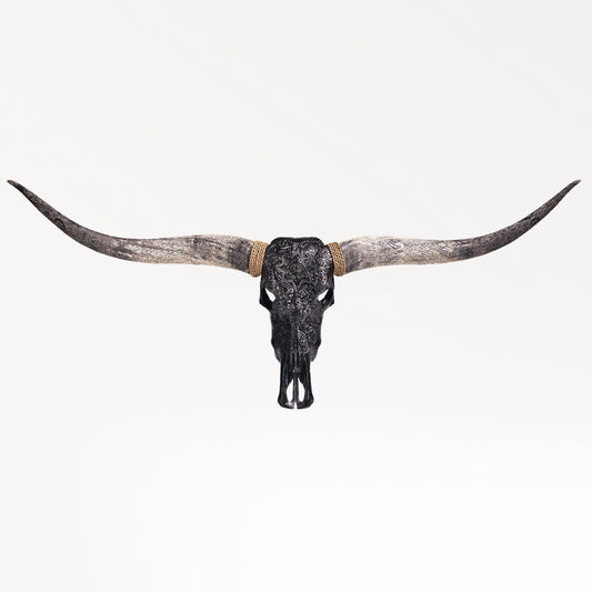 Hand Carved Longhorn Skull - Black Mandala