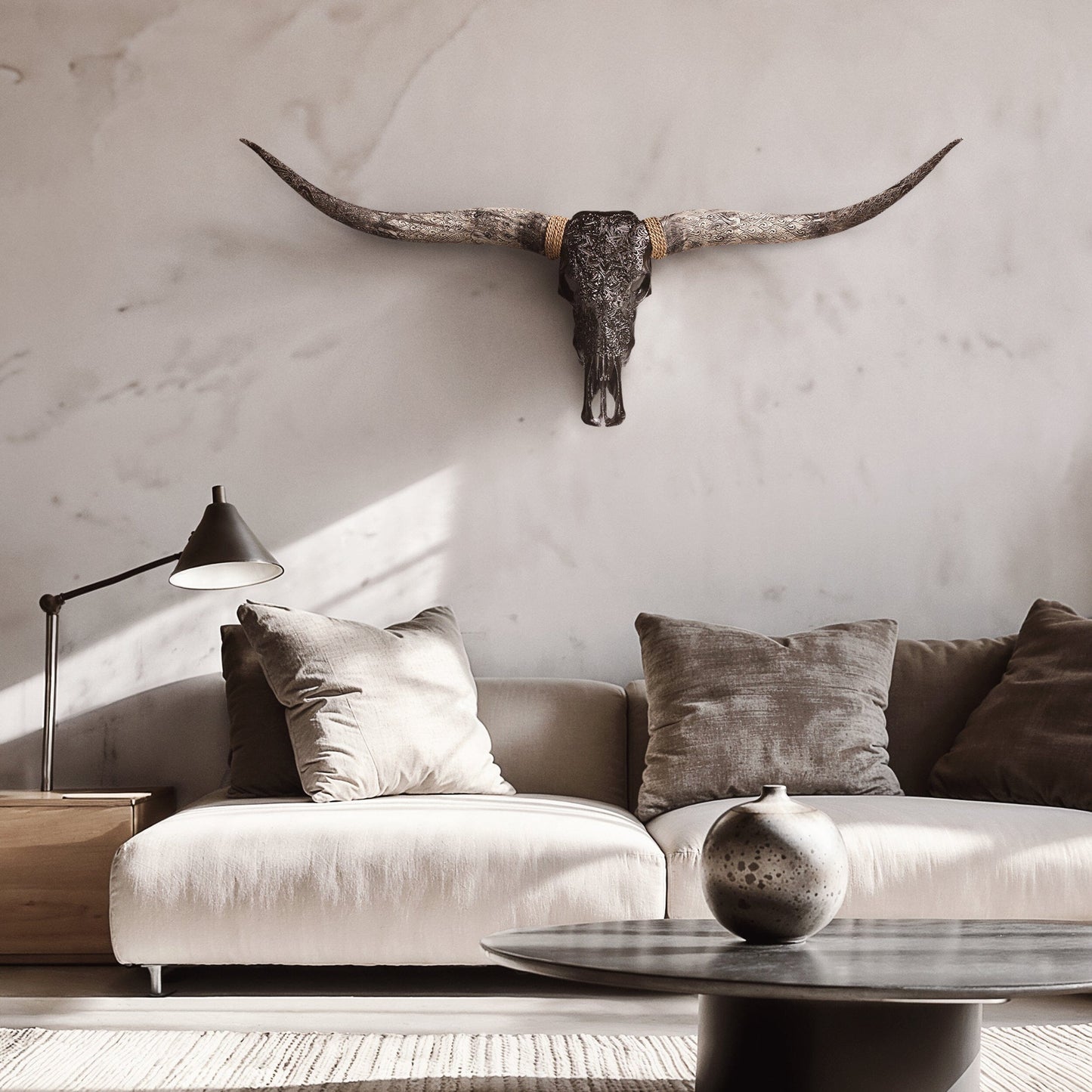 Hand Carved Longhorn Skull - Black Mandala