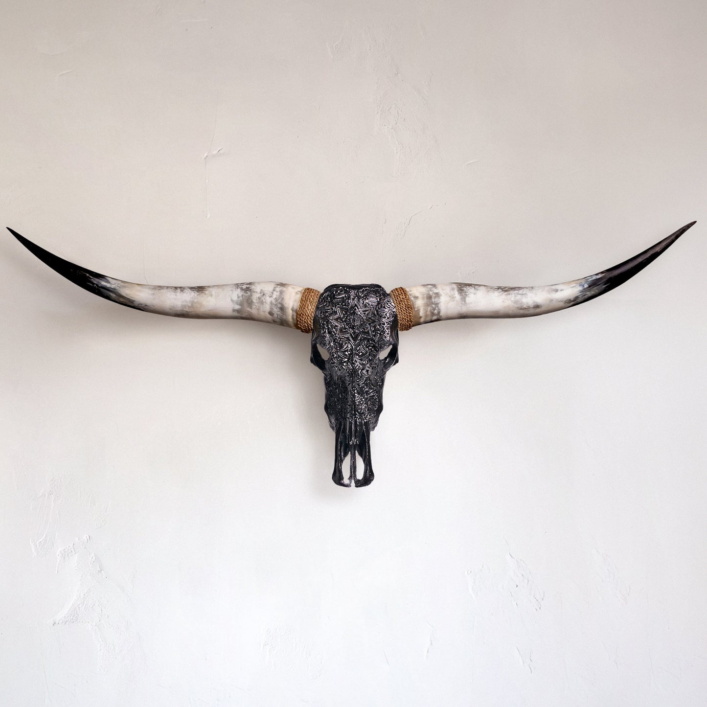Hand Carved Longhorn Skull - Black Mandala