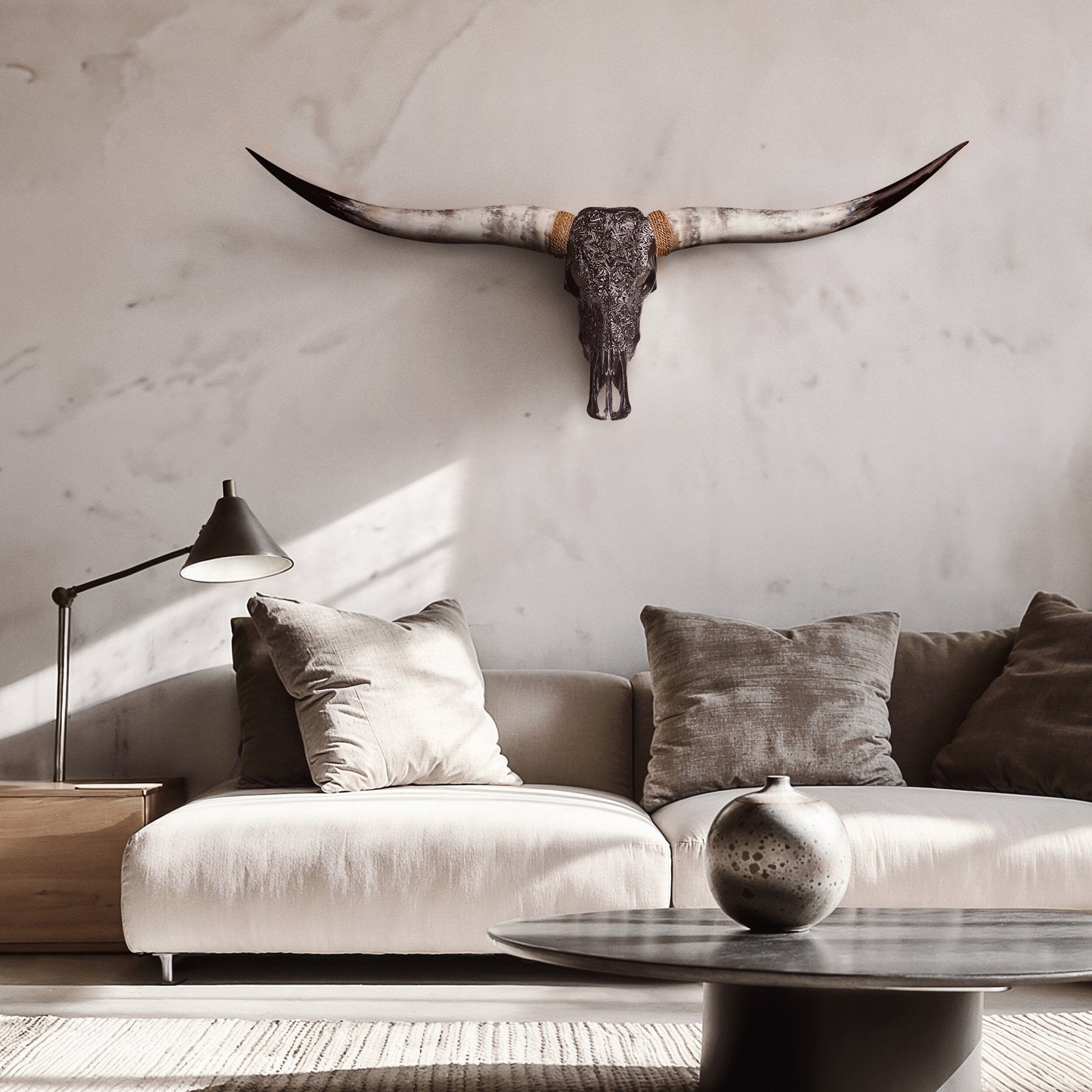 Hand Carved Longhorn Skull - Black Mandala