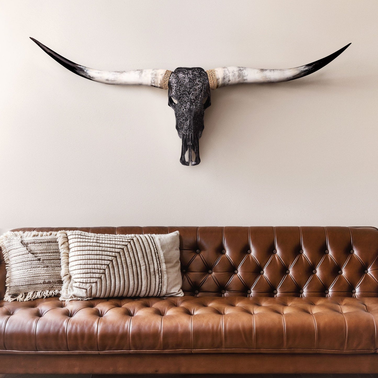 Hand Carved Longhorn Skull - Black Mandala