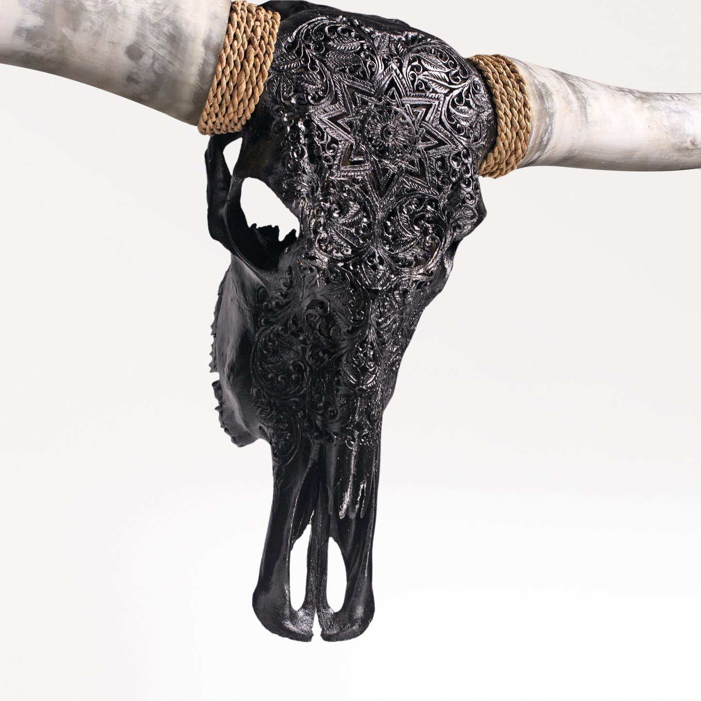 Hand Carved Longhorn Skull - Black Mandala